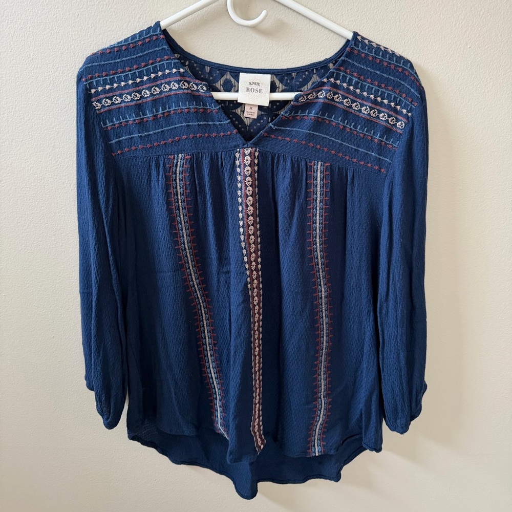 Knox Rose Navy Embroidered Peasant Tunic with Red & White Accents, Sz M